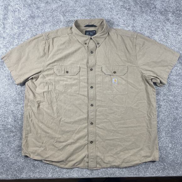 Carhartt Button Down Shirt Mens 2XL Loose Fit Short Sleeve Workwear Tan XXL - Picture 2 of 9